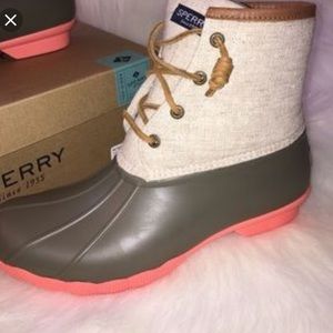 taupe and coral sperry duck boots